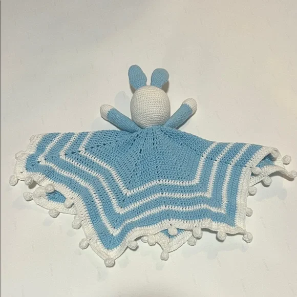 Handmade Blue and White Crochet Bunny Blanket - Picture 2 of 4